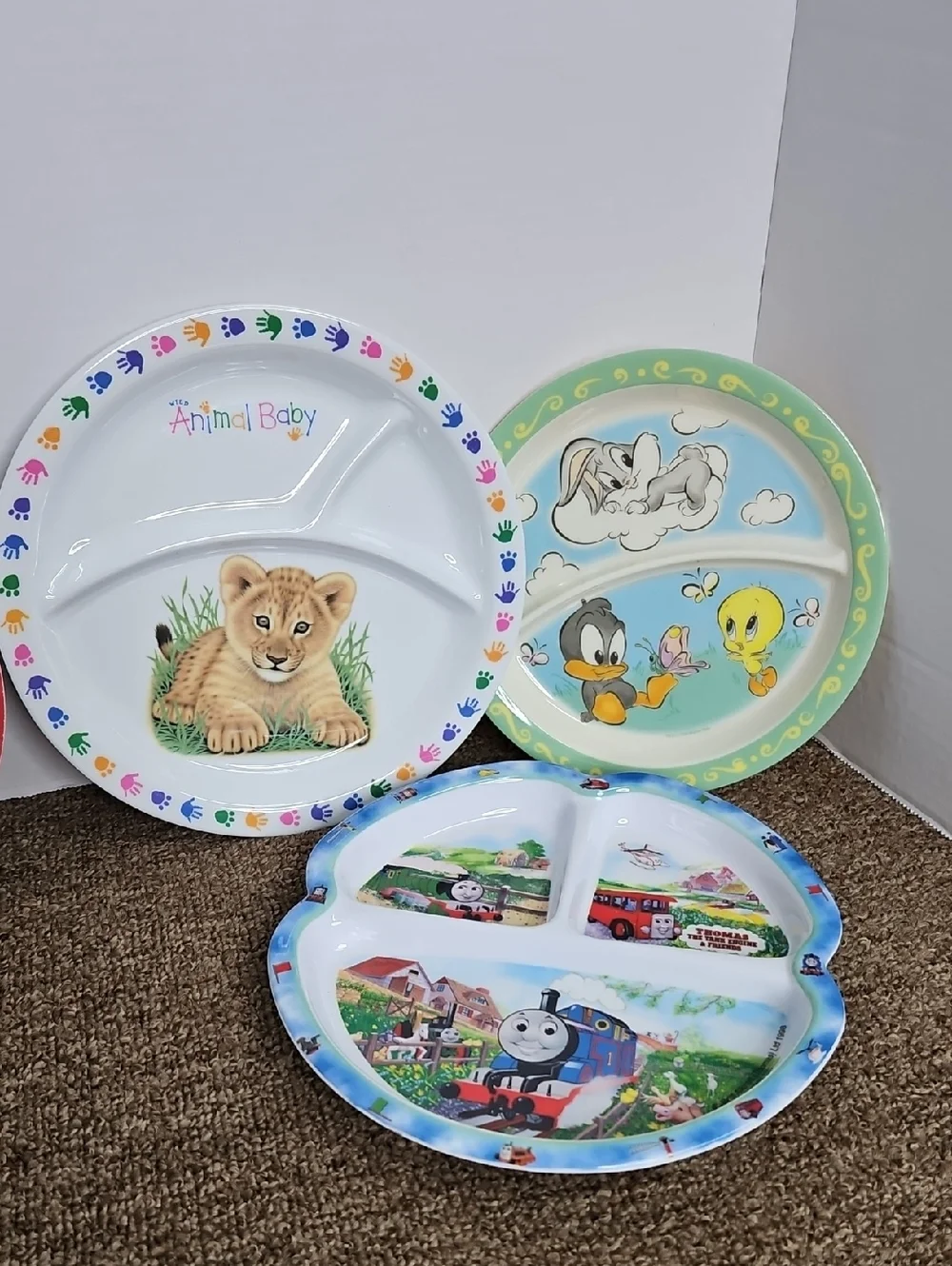 Vintage Kids Plates 8pc Lot Thomas Tank Looney Tunes Peter Rabbit Barney 90s